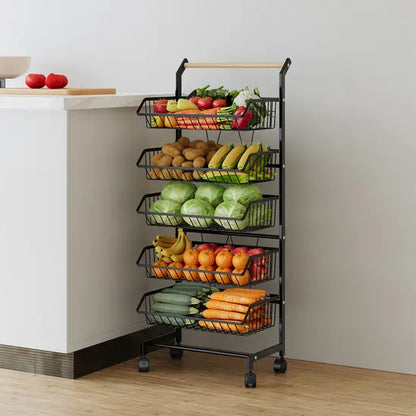 5-Tier Kitchen Storage Trolley, Rolling Vegetable & Fruit Basket Rack with Wheels, Heavy Duty Carbon Steel Storage Cart for Kitchen, Pantry, Bathroom