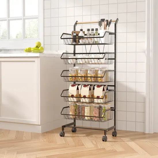 5-Tier Kitchen Storage Trolley, Rolling Vegetable & Fruit Basket Rack with Wheels, Heavy Duty Carbon Steel Storage Cart for Kitchen, Pantry, Bathroom