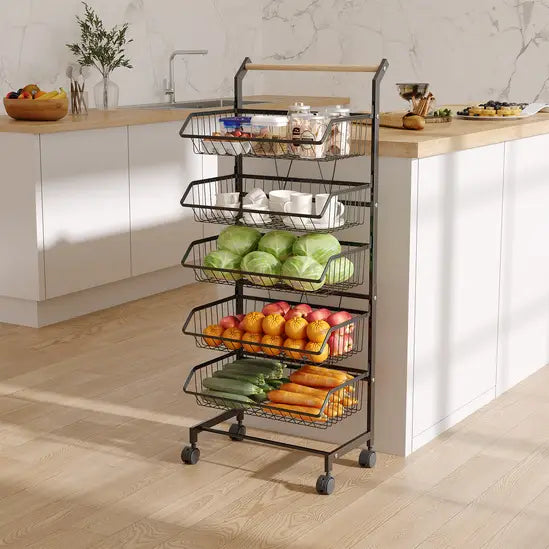 5-Tier Kitchen Storage Trolley, Rolling Vegetable & Fruit Basket Rack with Wheels, Heavy Duty Carbon Steel Storage Cart for Kitchen, Pantry, Bathroom