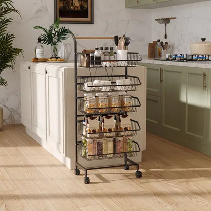5-Tier Kitchen Storage Trolley, Rolling Vegetable & Fruit Basket Rack with Wheels, Heavy Duty Carbon Steel Storage Cart for Kitchen, Pantry, Bathroom