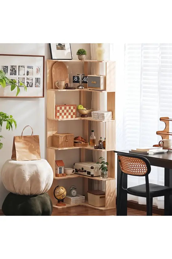 L-Shaped Corner Bookshelf, Natural Fir Wood 4/5/6 Tier Freestanding Storage Shelf, Space-Saving Bookcase for Living Room, Bedroom & Study