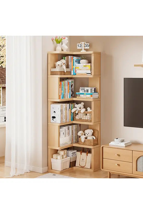 L-Shaped Corner Bookshelf, Natural Fir Wood 4/5/6 Tier Freestanding Storage Shelf, Space-Saving Bookcase for Living Room, Bedroom & Study