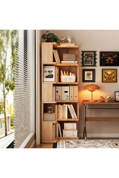 L-Shaped Corner Bookshelf, Natural Fir Wood 4/5/6 Tier Freestanding Storage Shelf, Space-Saving Bookcase for Living Room, Bedroom & Study