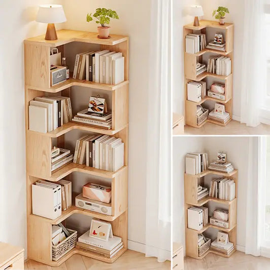 L-Shaped Corner Bookshelf, Natural Fir Wood 4/5/6 Tier Freestanding Storage Shelf, Space-Saving Bookcase for Living Room, Bedroom & Study