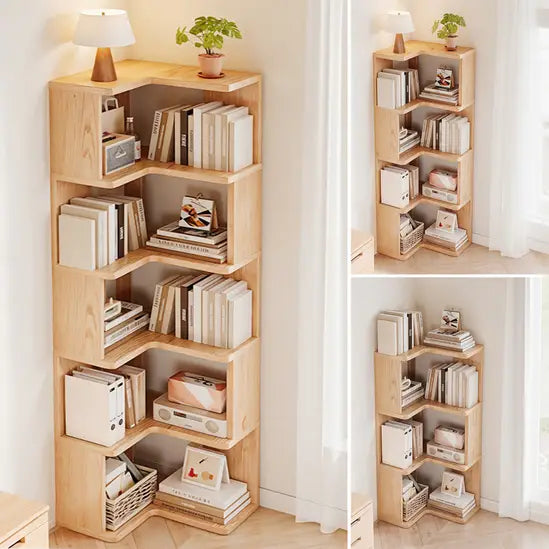 L-Shaped Corner Bookshelf, Natural Fir Wood 4/5/6 Tier Freestanding Storage Shelf, Space-Saving Bookcase for Living Room, Bedroom & Study