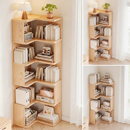 L-Shaped Corner Bookshelf, Natural Fir Wood 4/5/6 Tier Freestanding Storage Shelf, Space-Saving Bookcase for Living Room, Bedroom & Study