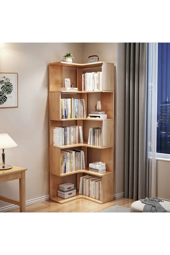 L-Shaped Corner Bookshelf, Natural Fir Wood 4/5/6 Tier Freestanding Storage Shelf, Space-Saving Bookcase for Living Room, Bedroom & Study