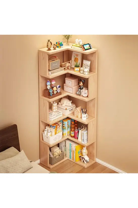 L-Shaped Corner Bookshelf, Natural Fir Wood 4/5/6 Tier Freestanding Storage Shelf, Space-Saving Bookcase for Living Room, Bedroom & Study