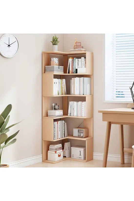 L-Shaped Corner Bookshelf, Natural Fir Wood 4/5/6 Tier Freestanding Storage Shelf, Space-Saving Bookcase for Living Room, Bedroom & Study