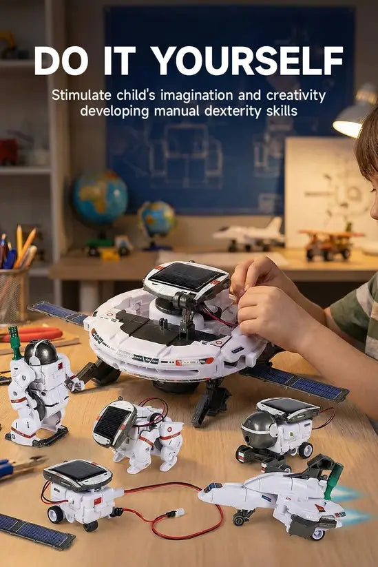 7-in-1 Solar Space Robot Building Kit, STEM Educational DIY Science Toy for Kids, Solar & Battery Powered Space Fleet Construction Set