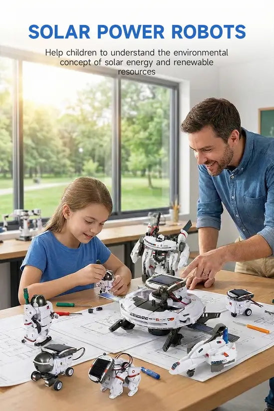 7-in-1 Solar Space Robot Building Kit, STEM Educational DIY Science Toy for Kids, Solar & Battery Powered Space Fleet Construction Set