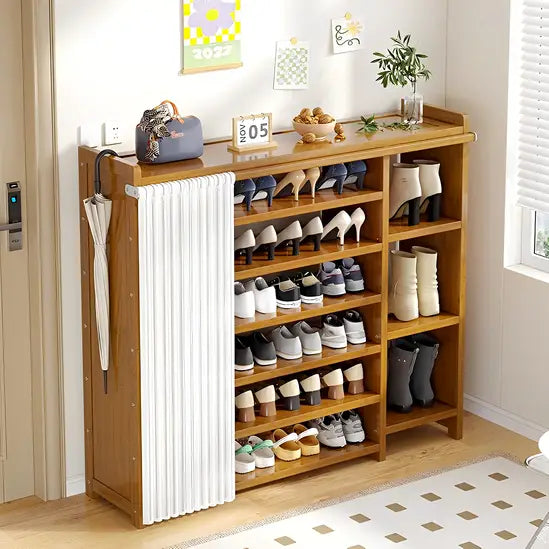 7-Tier Bamboo Shoe Rack with Dust Curtain, Freestanding Shoe Storage Organiser, Large Capacity Shoe Shelf for Hallway & Entryway