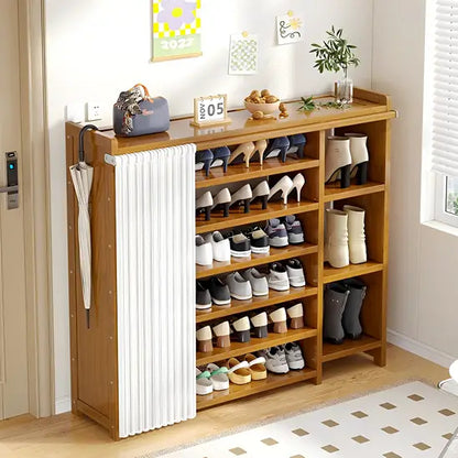 7-Tier Bamboo Shoe Rack with Dust Curtain, Freestanding Shoe Storage Organiser, Large Capacity Shoe Shelf for Hallway & Entryway