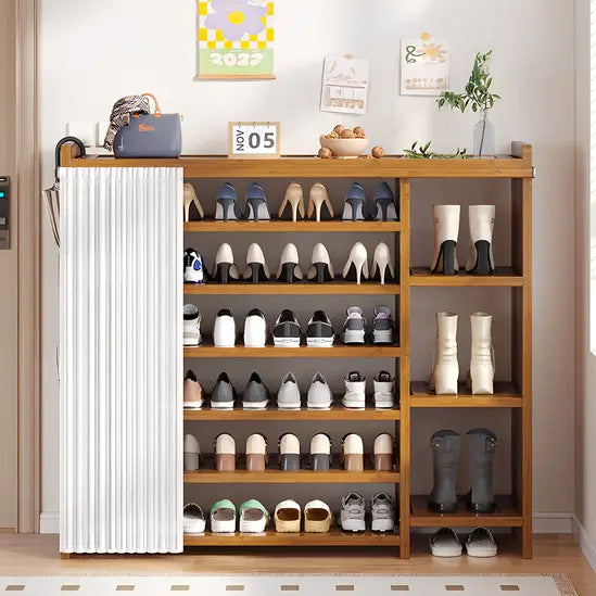7-Tier Bamboo Shoe Rack with Dust Curtain, Freestanding Shoe Storage Organiser, Large Capacity Shoe Shelf for Hallway & Entryway