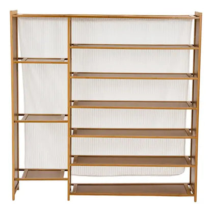 7-Tier Bamboo Shoe Rack with Dust Curtain, Freestanding Shoe Storage Organiser, Large Capacity Shoe Shelf for Hallway & Entryway