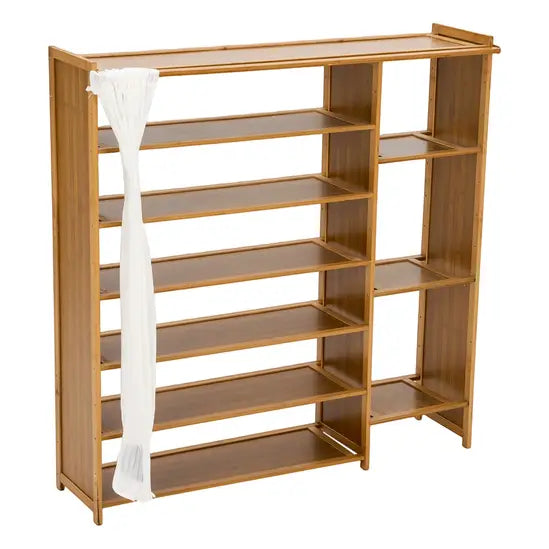 7-Tier Bamboo Shoe Rack with Dust Curtain, Freestanding Shoe Storage Organiser, Large Capacity Shoe Shelf for Hallway & Entryway