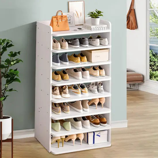 8-Tier Freestanding Shoe Rack, White MDF Narrow Shoe Storage Organiser, Slim Design for Small Hallways