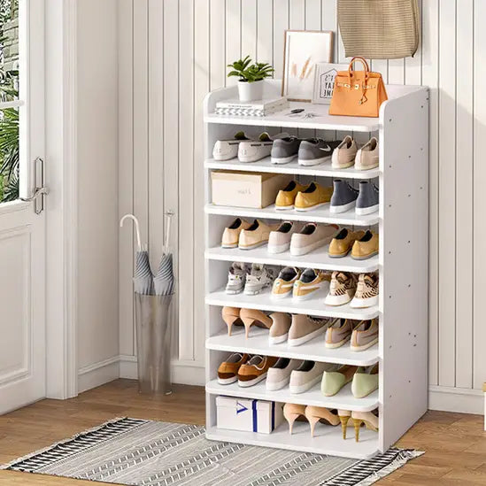 8-Tier Freestanding Shoe Rack, White MDF Narrow Shoe Storage Organiser, Slim Design for Small Hallways