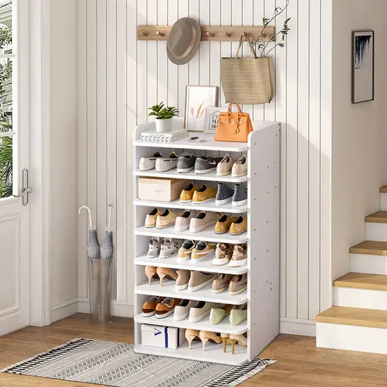 8-Tier Freestanding Shoe Rack, White MDF Narrow Shoe Storage Organiser, Slim Design for Small Hallways
