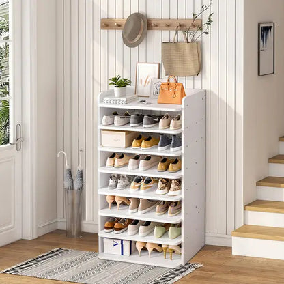 8-Tier Freestanding Shoe Rack, White MDF Narrow Shoe Storage Organiser, Slim Design for Small Hallways