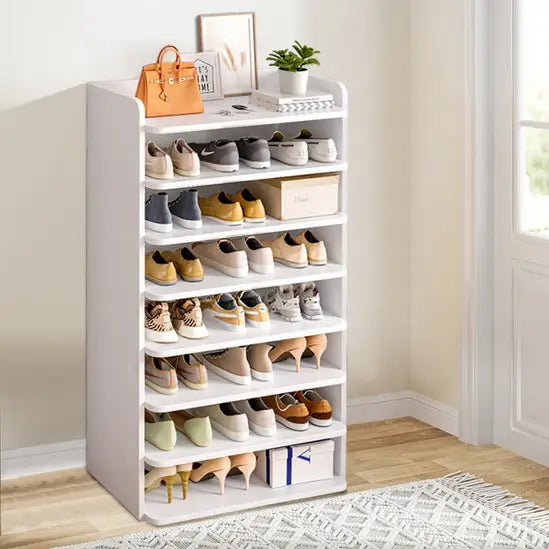 8-Tier Freestanding Shoe Rack, White MDF Narrow Shoe Storage Organiser, Slim Design for Small Hallways