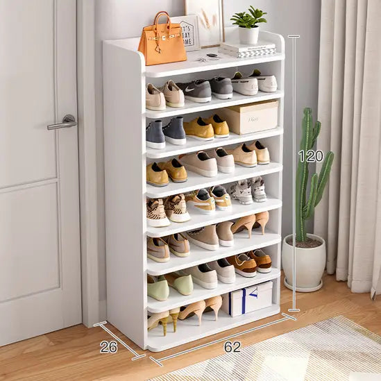 8-Tier Freestanding Shoe Rack, White MDF Narrow Shoe Storage Organiser, Slim Design for Small Hallways