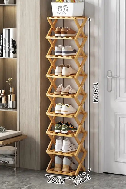 Slim Bamboo Shoe Rack, Foldable & Stackable, 6-9 Tier Narrow Shoe Storage Shelf for Entryway, Space-Saving Design