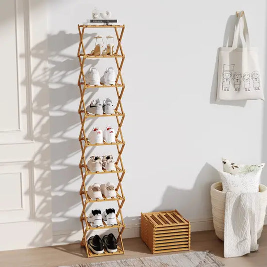Slim Bamboo Shoe Rack, Foldable & Stackable, 6-9 Tier Narrow Shoe Storage Shelf for Entryway, Space-Saving Design