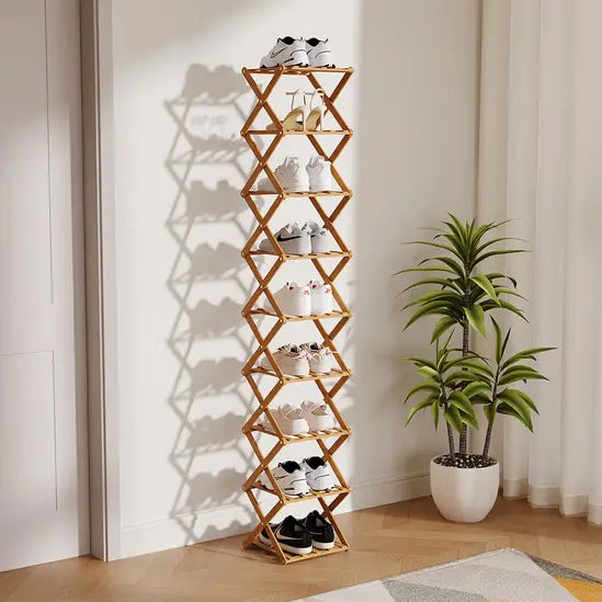 Slim Bamboo Shoe Rack, Foldable & Stackable, 6-9 Tier Narrow Shoe Storage Shelf for Entryway, Space-Saving Design