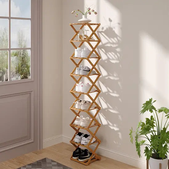 Slim Bamboo Shoe Rack, Foldable & Stackable, 6-9 Tier Narrow Shoe Storage Shelf for Entryway, Space-Saving Design