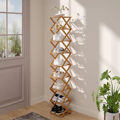 Slim Bamboo Shoe Rack, Foldable & Stackable, 6-9 Tier Narrow Shoe Storage Shelf for Entryway, Space-Saving Design