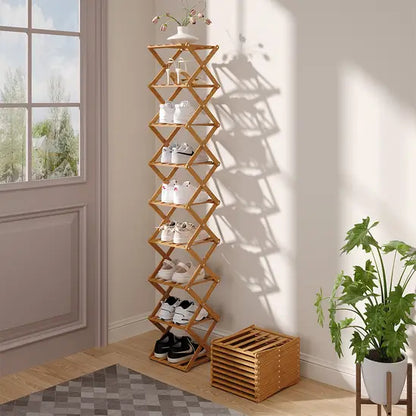 Slim Bamboo Shoe Rack, Foldable & Stackable, 6-9 Tier Narrow Shoe Storage Shelf for Entryway, Space-Saving Design