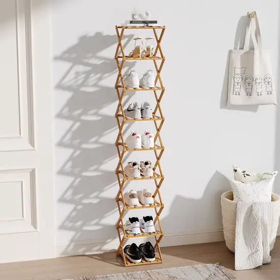 Slim Bamboo Shoe Rack, Foldable & Stackable, 6-9 Tier Narrow Shoe Storage Shelf for Entryway, Space-Saving Design