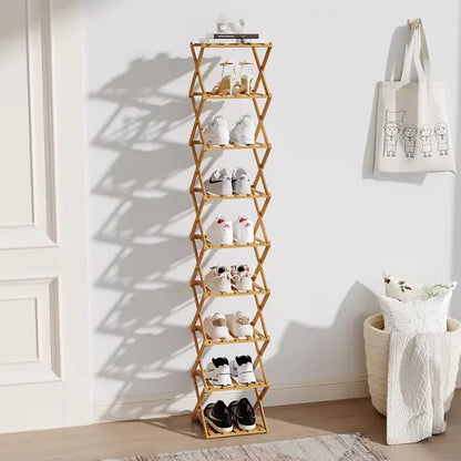 Slim Bamboo Shoe Rack, Foldable & Stackable, 6-9 Tier Narrow Shoe Storage Shelf for Entryway, Space-Saving Design