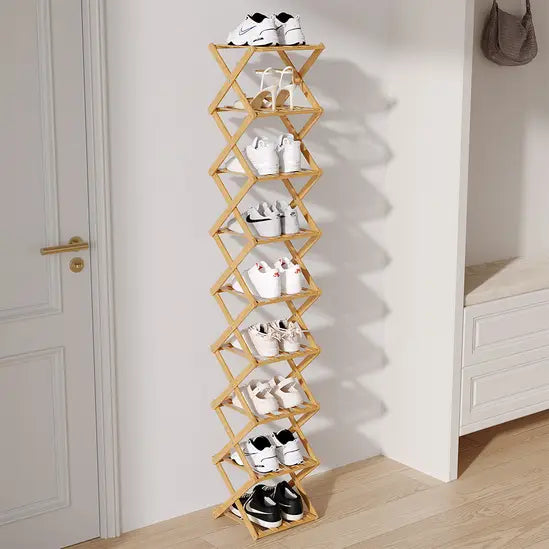 Slim Bamboo Shoe Rack, Foldable & Stackable, 6-9 Tier Narrow Shoe Storage Shelf for Entryway, Space-Saving Design