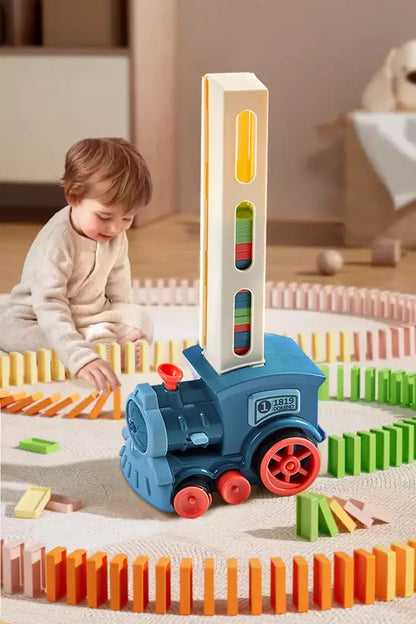 Domino Train Toy Set, Automatic Domino Laying Electric Train with 100 Colorful Blocks for Kids