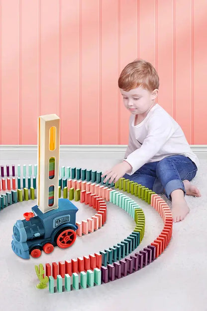 Domino Train Toy Set, Automatic Domino Laying Electric Train with 100 Colorful Blocks for Kids