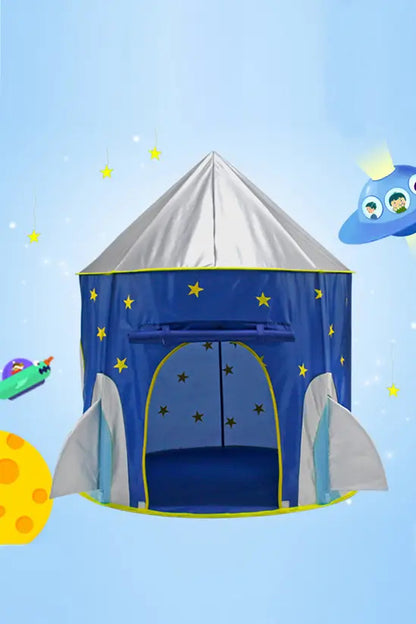 Kids Rocket Play Tent, Blue Space Themed Pop-Up Playhouse for Indoor/Outdoor, 105cm x 130cm