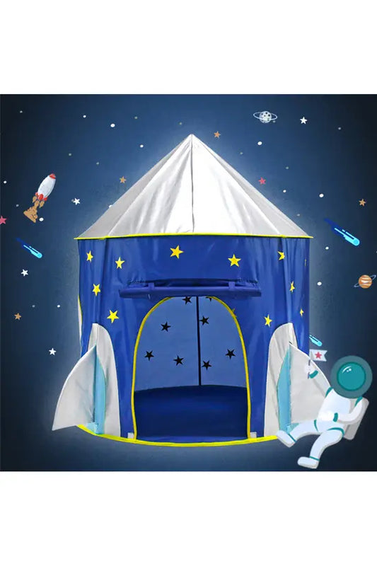 Kids Rocket Play Tent, Blue Space Themed Pop-Up Playhouse for Indoor/Outdoor, 105cm x 130cm