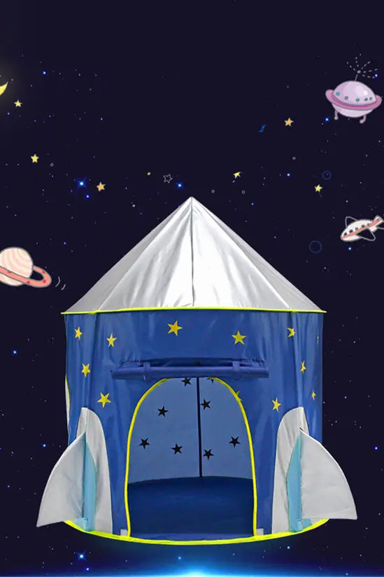 Kids Rocket Play Tent, Blue Space Themed Pop-Up Playhouse for Indoor/Outdoor, 105cm x 130cm