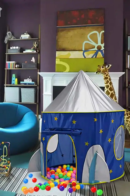Kids Rocket Play Tent, Blue Space Themed Pop-Up Playhouse for Indoor/Outdoor, 105cm x 130cm