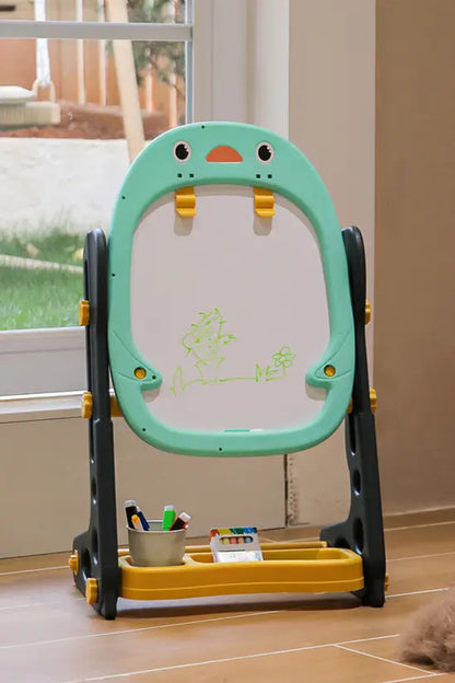Kids Adjustable Easel, Double-Sided Magnetic Whiteboard & Blackboard, Penguin Design with Storage Tray, Height 58-68cm