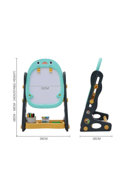 Kids Adjustable Easel, Double-Sided Magnetic Whiteboard & Blackboard, Penguin Design with Storage Tray, Height 58-68cm