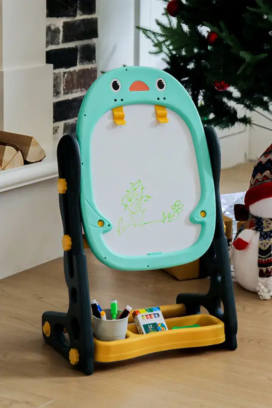Kids Adjustable Easel, Double-Sided Magnetic Whiteboard & Blackboard, Penguin Design with Storage Tray, Height 58-68cm