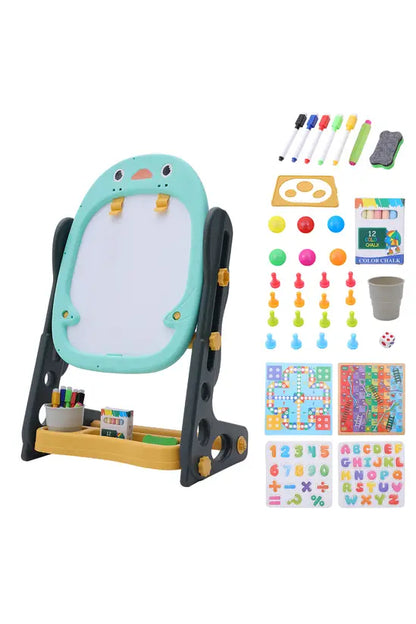 Kids Adjustable Easel, Double-Sided Magnetic Whiteboard & Blackboard, Penguin Design with Storage Tray, Height 58-68cm