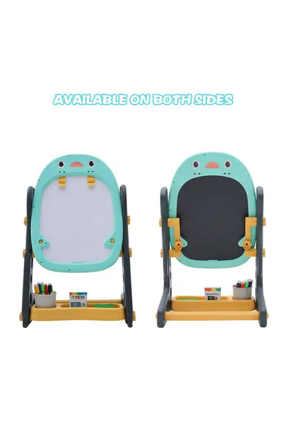 Kids Adjustable Easel, Double-Sided Magnetic Whiteboard & Blackboard, Penguin Design with Storage Tray, Height 58-68cm