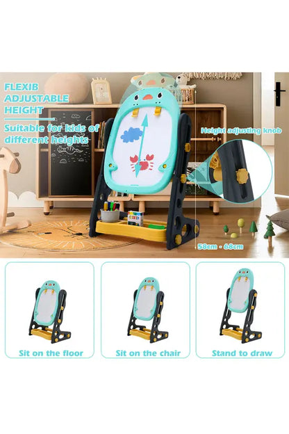 Kids Adjustable Easel, Double-Sided Magnetic Whiteboard & Blackboard, Penguin Design with Storage Tray, Height 58-68cm