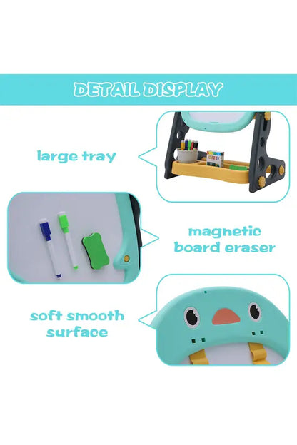 Kids Adjustable Easel, Double-Sided Magnetic Whiteboard & Blackboard, Penguin Design with Storage Tray, Height 58-68cm