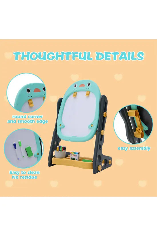 Kids Adjustable Easel, Double-Sided Magnetic Whiteboard & Blackboard, Penguin Design with Storage Tray, Height 58-68cm