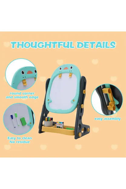 Kids Adjustable Easel, Double-Sided Magnetic Whiteboard & Blackboard, Penguin Design with Storage Tray, Height 58-68cm